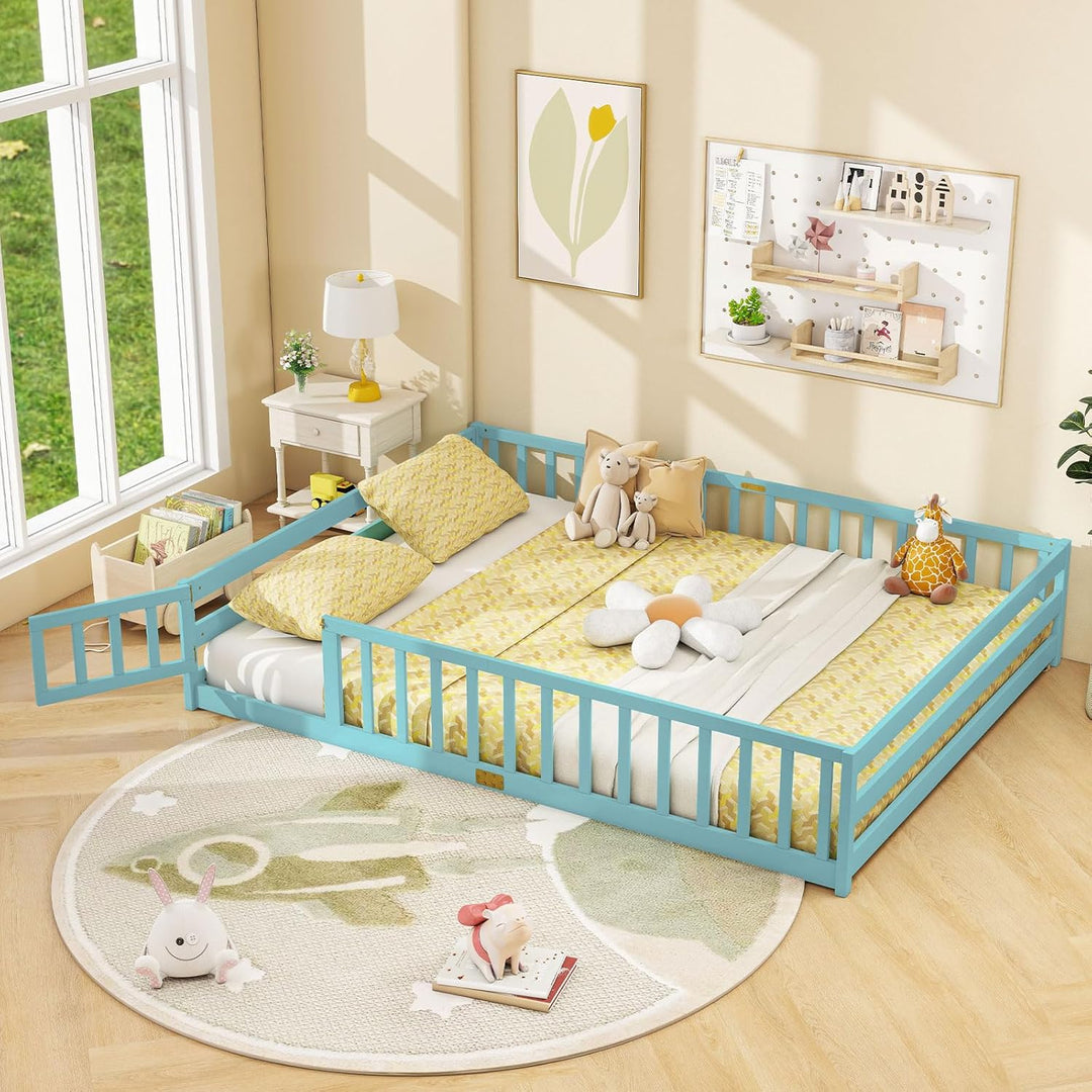 Giantex Floor Bed with Door &amp; Fence Kids Wood Montessori Beds with Safety Guardrails