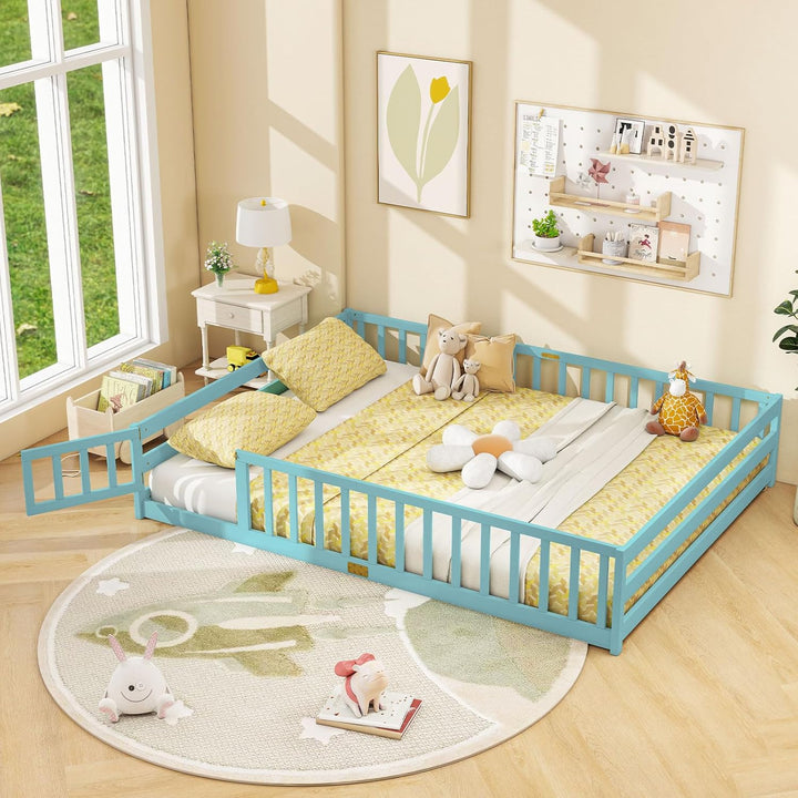 Giantex Floor Bed with Door &amp; Fence Kids Wood Montessori Beds with Safety Guardrails