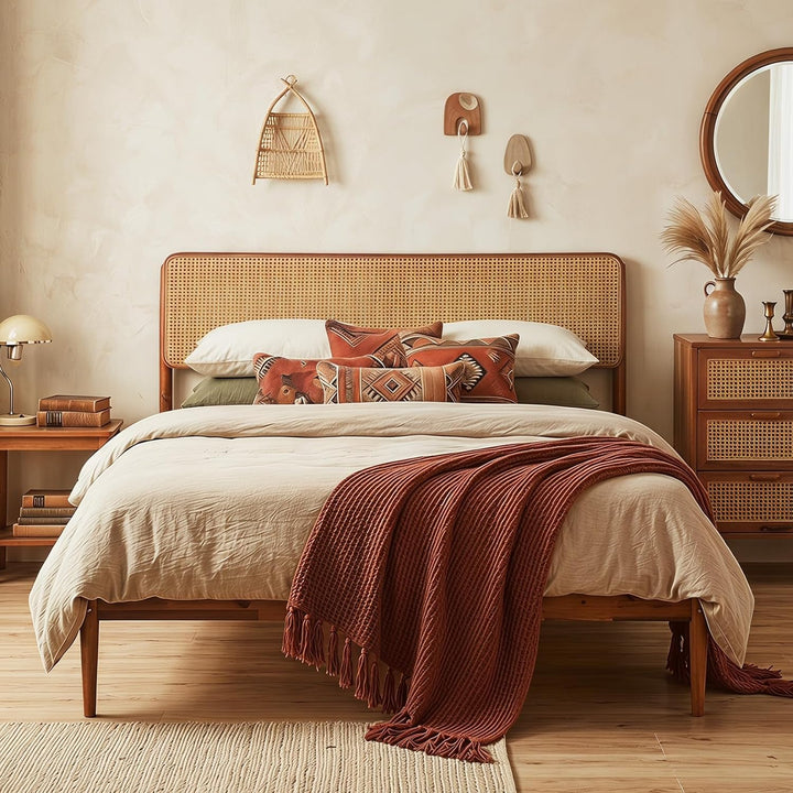 Giantex Wooden Bed Frame Full/Twin/Queen Size with Rattan Headboard