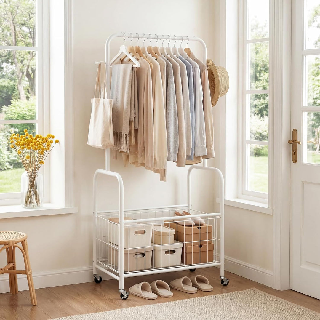 Giantex 35" Clothes Rack with Storage Basket &amp; Lockable Wheels