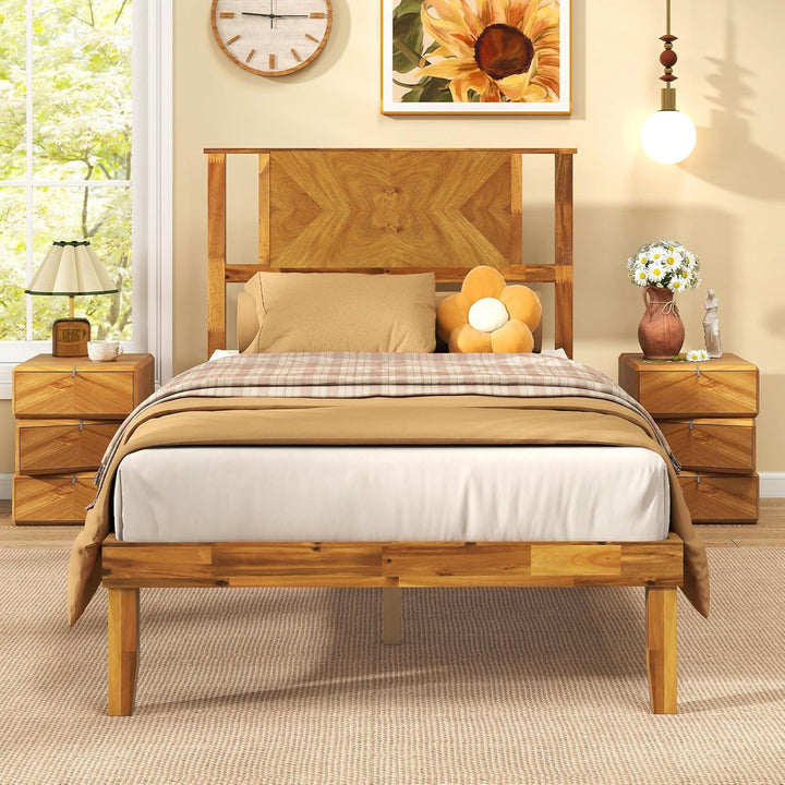 Giantex Queen/Full/Twin Size Acacia Wood Platform Bed Frame Mid-Century Modern Bed Frame with Headboard