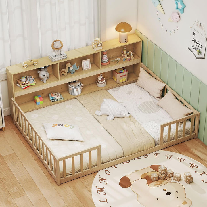 Giantex Wooden Montessori Bed Frame with Bookcase