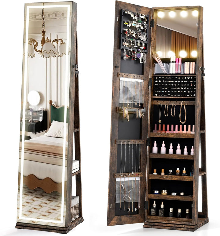CHARMAID Swivel Jewelry Armoire with Full-Length Mirror &amp; Lighted Makeup Mirror