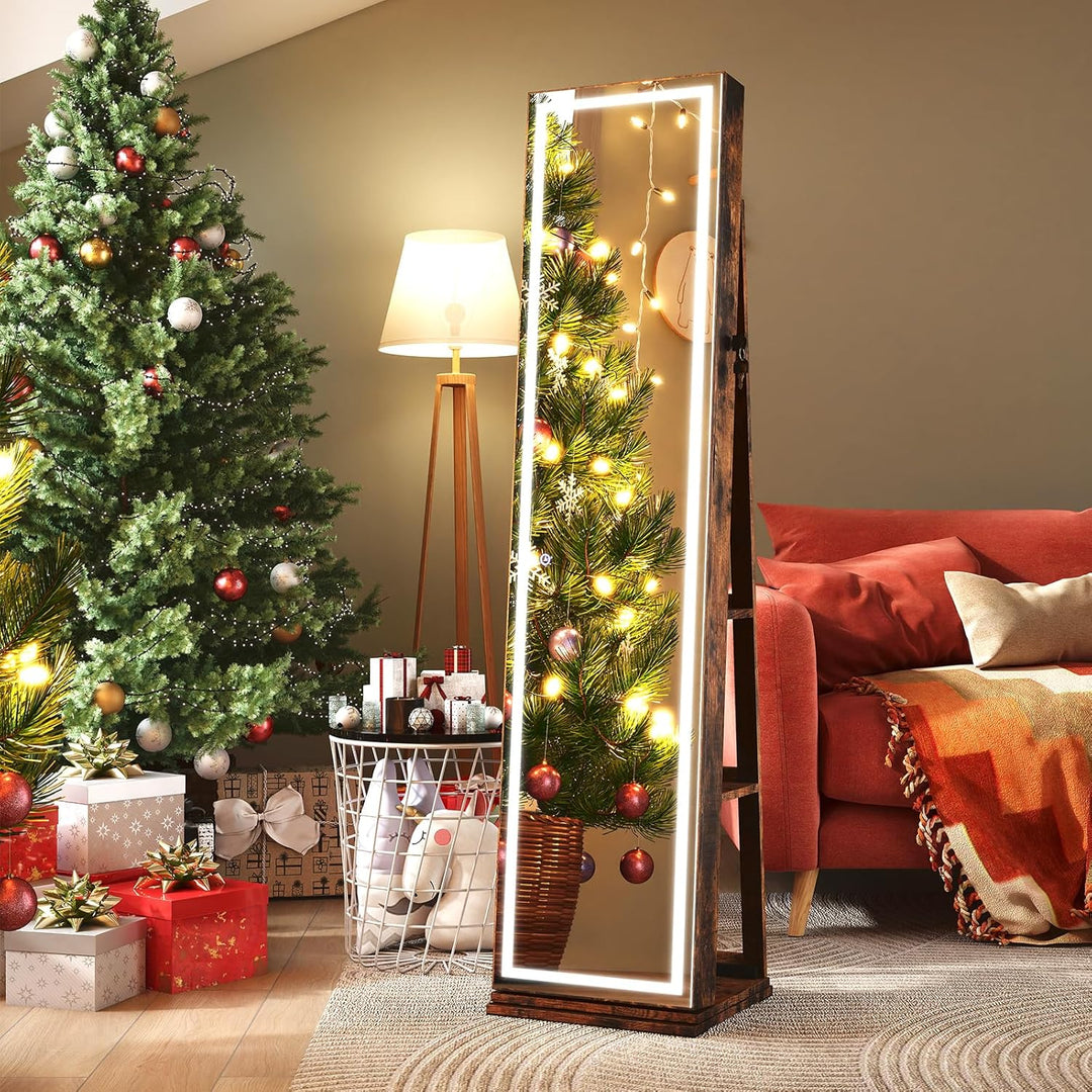 CHARMAID Swivel Jewelry Armoire with Full-Length Mirror &amp; Lighted Makeup Mirror