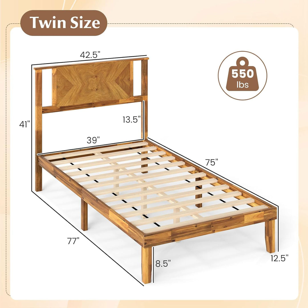 Giantex Queen/Full/Twin Size Acacia Wood Platform Bed Frame Mid-Century Modern Bed Frame with Headboard