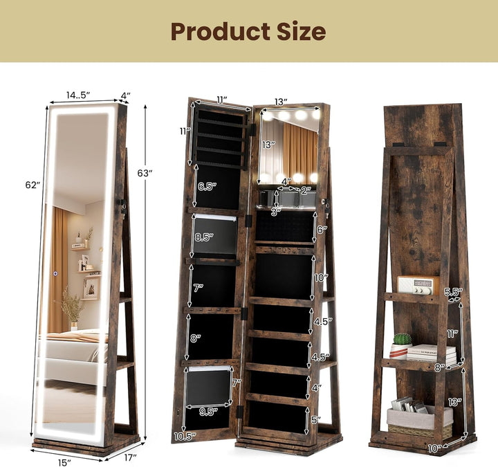 CHARMAID Swivel Jewelry Armoire with Full-Length Mirror &amp; Lighted Makeup Mirror