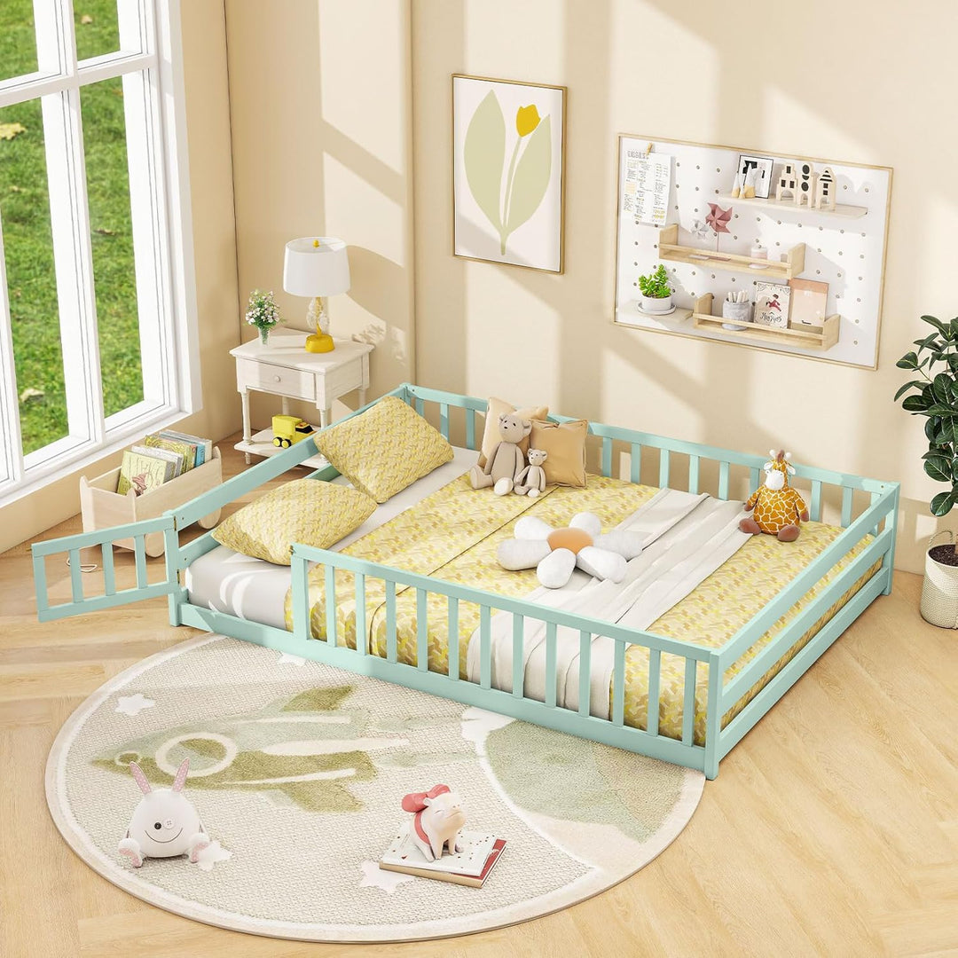 Giantex Floor Bed with Door &amp; Fence Kids Wood Montessori Beds with Safety Guardrails