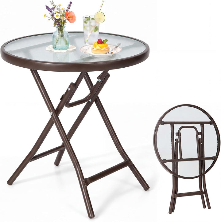Giantex Round Folding Side Table w/Tempered Glass Tabletop &amp; Metal Frame (1/2)