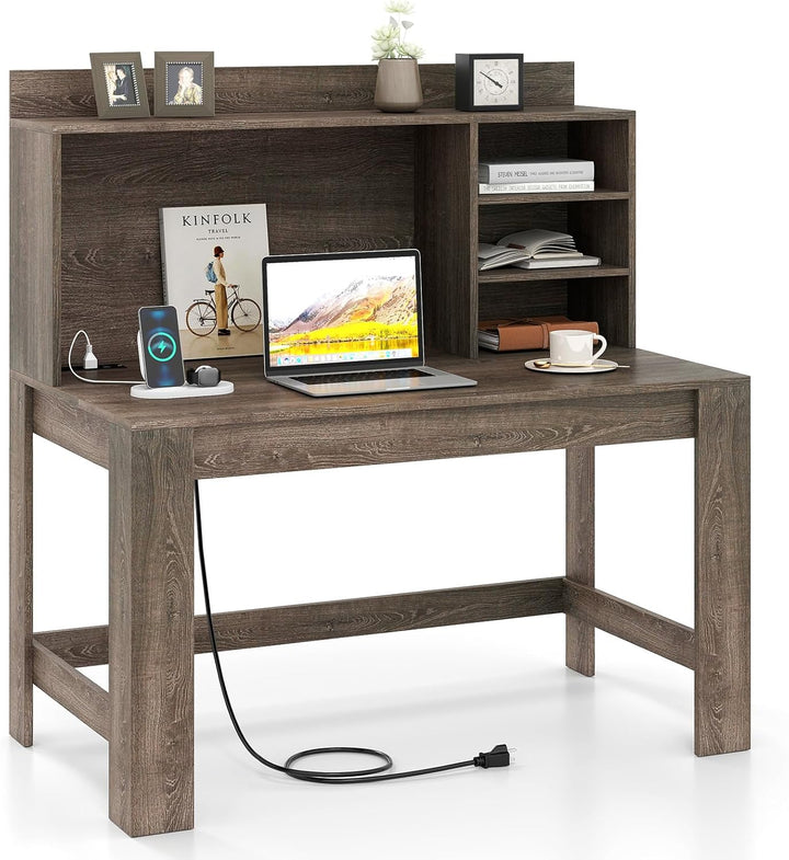 Giantex Computer Desk with Hutch, Modern Home Office Desk with Power Outlets, Storage Shelves &amp; Cable Hole