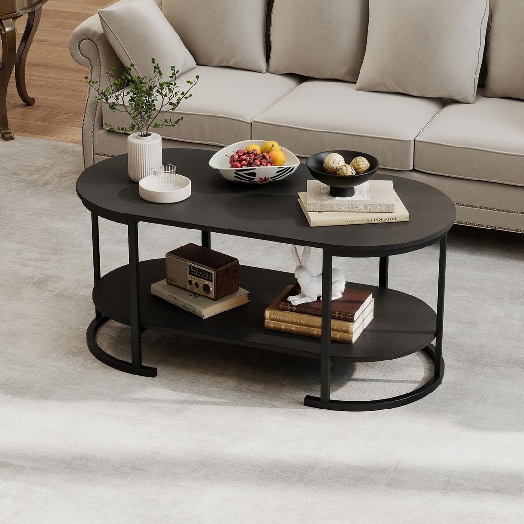 Giantex 2-Tier Coffee Table Oval Center Table with Wood Grain Top &amp; Open Storage Shelf