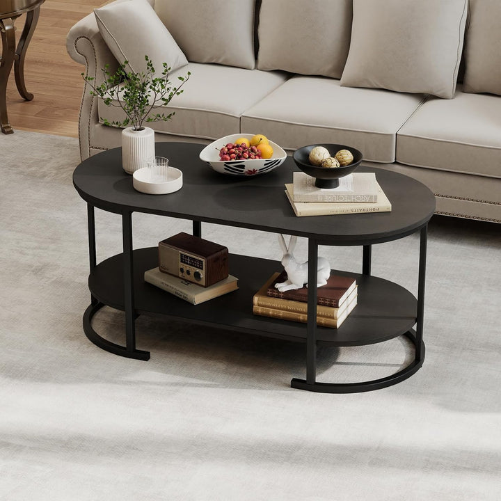 Giantex 2-Tier Coffee Table Oval Center Table with Wood Grain Top &amp; Open Storage Shelf
