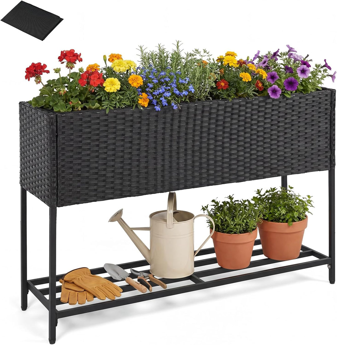 Giantex Raised Garden Bed with Legs, Rattan Elevated Planter Box w/Storage Shelf