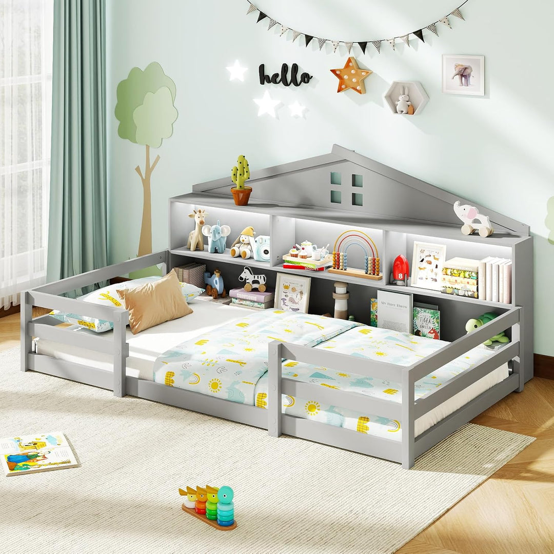 Giantex Montessori Floor Bed with LED Lights 2-in-1 Wooden House Bed Frame with Safety Guardrails