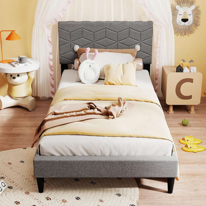 Giantex Queen/Full/Twin Size Upholstered Bed Frame Modern Platform Bed with Linen Fabric Geometric Headboard