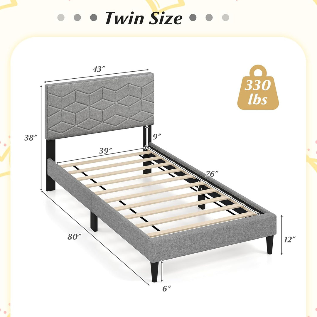 Giantex Queen/Full/Twin Size Upholstered Bed Frame Modern Platform Bed with Linen Fabric Geometric Headboard