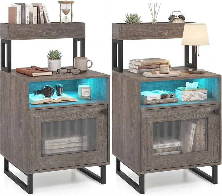 Giantex Night Stand with LED Lights | Tall Sofa Side Couch End Table w/Top Tray (1/2)