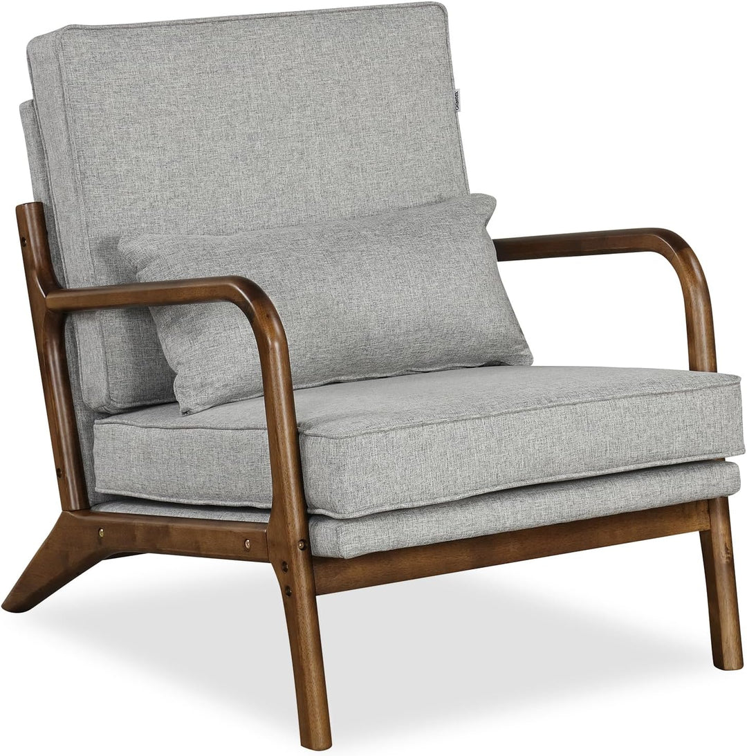 Giantex Mid Century Modern Accent Chair, Upholstered Armchair with Pillow, Rubber Wood Armrests &amp; Legs