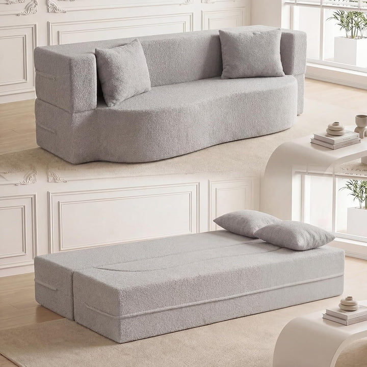 Giantex 75.5" Folding Sofa Bed | 2-in-1 Convertible Teddy Fleece Floor Loveseat with 2 Comfortable Pillows
