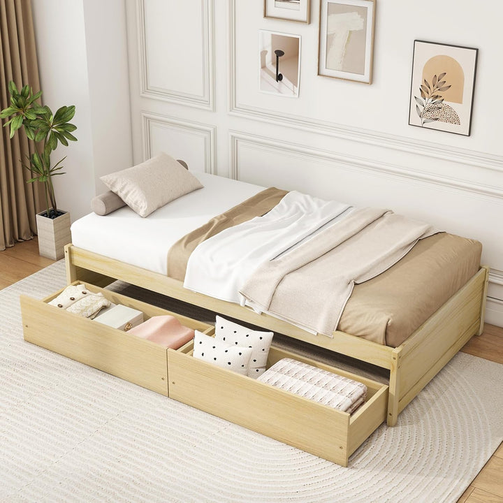 Giantex Queen/Full/Twin Size Bed Frame with 2 Storage Drawers, Solid Wood Platform Bed with Slats Support