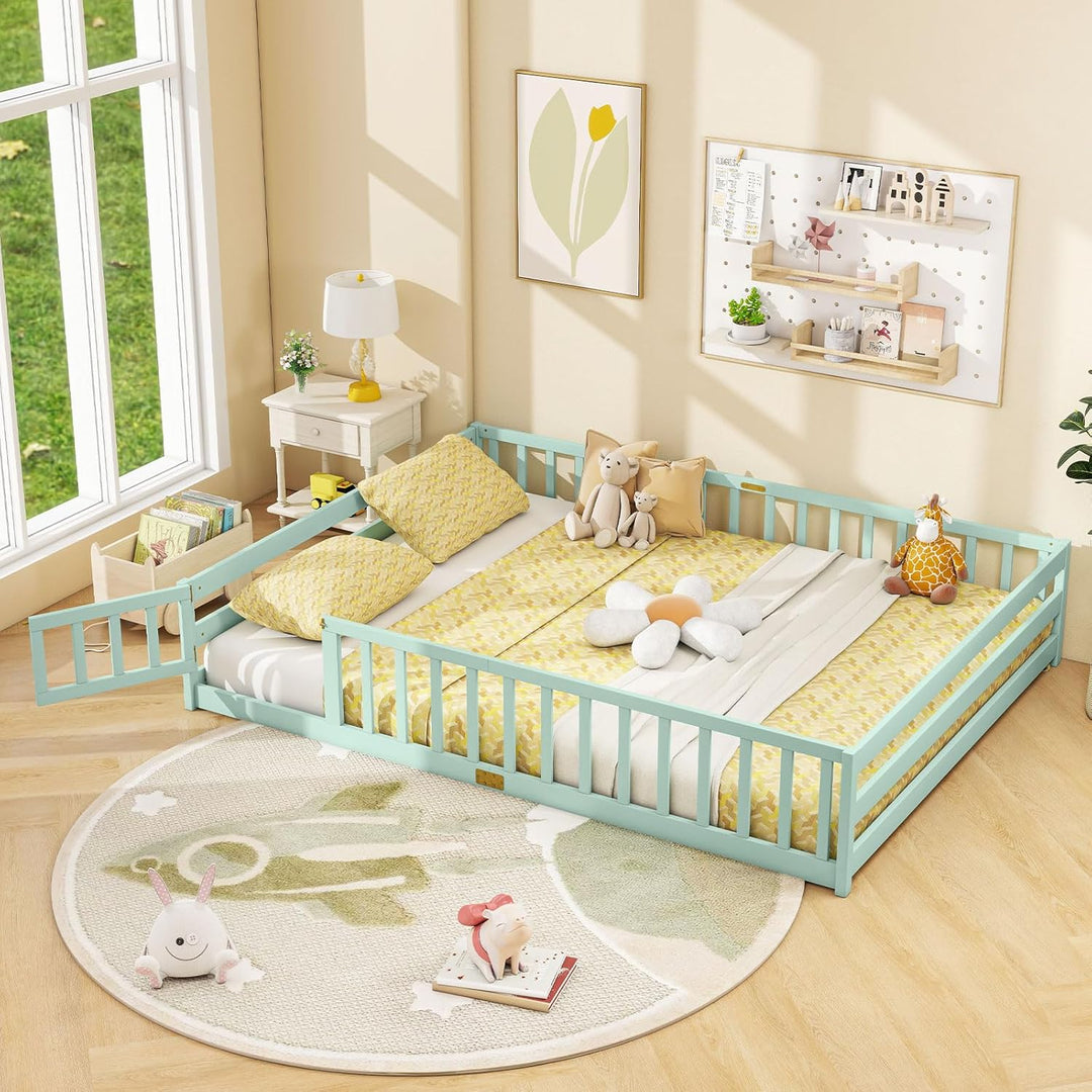 Giantex Floor Bed with Door &amp; Fence Kids Wood Montessori Beds with Safety Guardrails