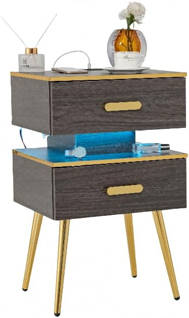 Giantex Nightstand with Charging Station &amp; LED Lights, 28.5" Bedside Table with 2 Drawers
