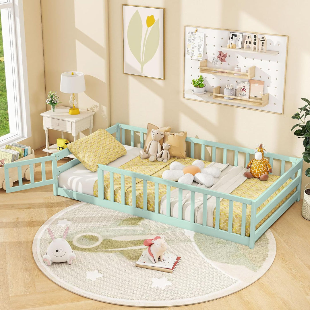 Giantex Floor Bed with Door &amp; Fence Kids Wood Montessori Beds with Safety Guardrails