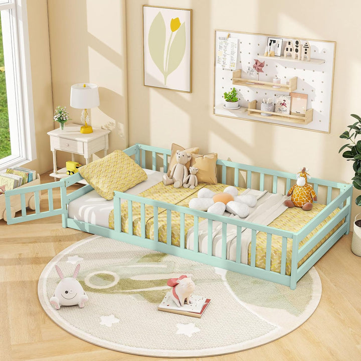 Giantex Floor Bed with Door &amp; Fence Kids Wood Montessori Beds with Safety Guardrails