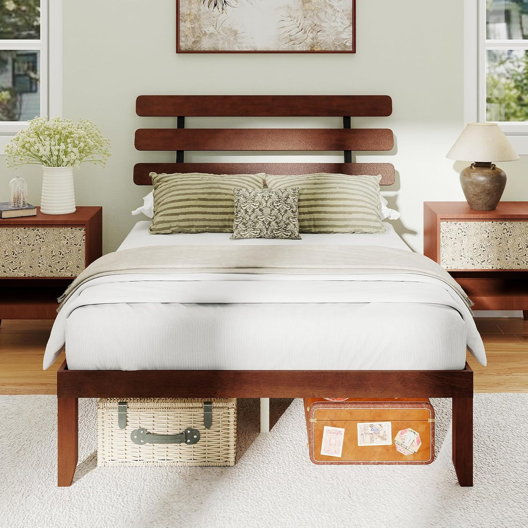 Giantex Queen/Full/Twin Size Platform Bed with Retro Headboard Mid Century Modern Bed Frame with Wood Slat Support