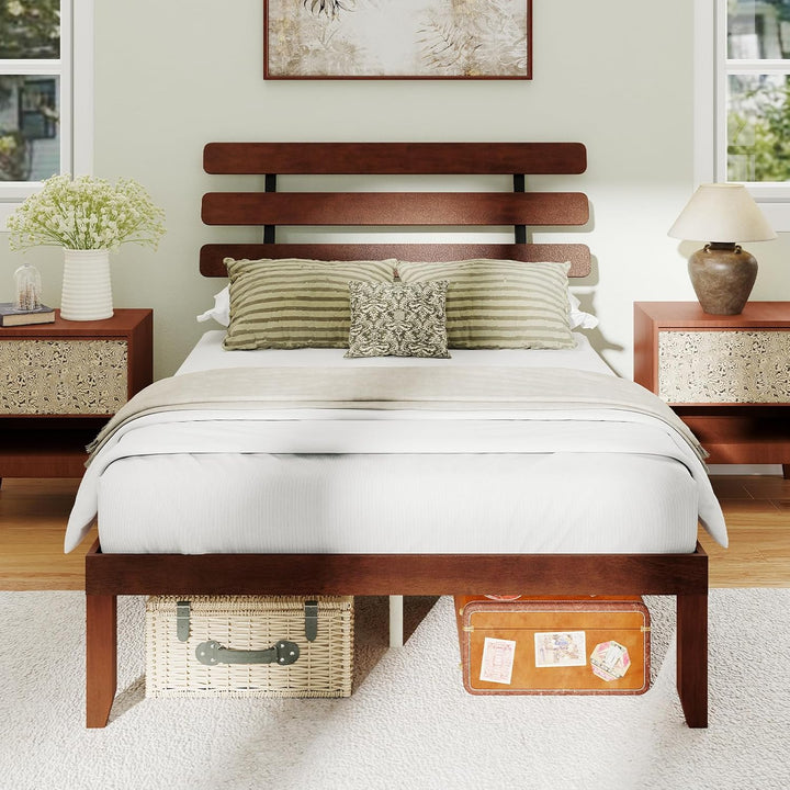 Giantex Queen/Full/Twin Size Platform Bed with Retro Headboard Mid Century Modern Bed Frame with Wood Slat Support