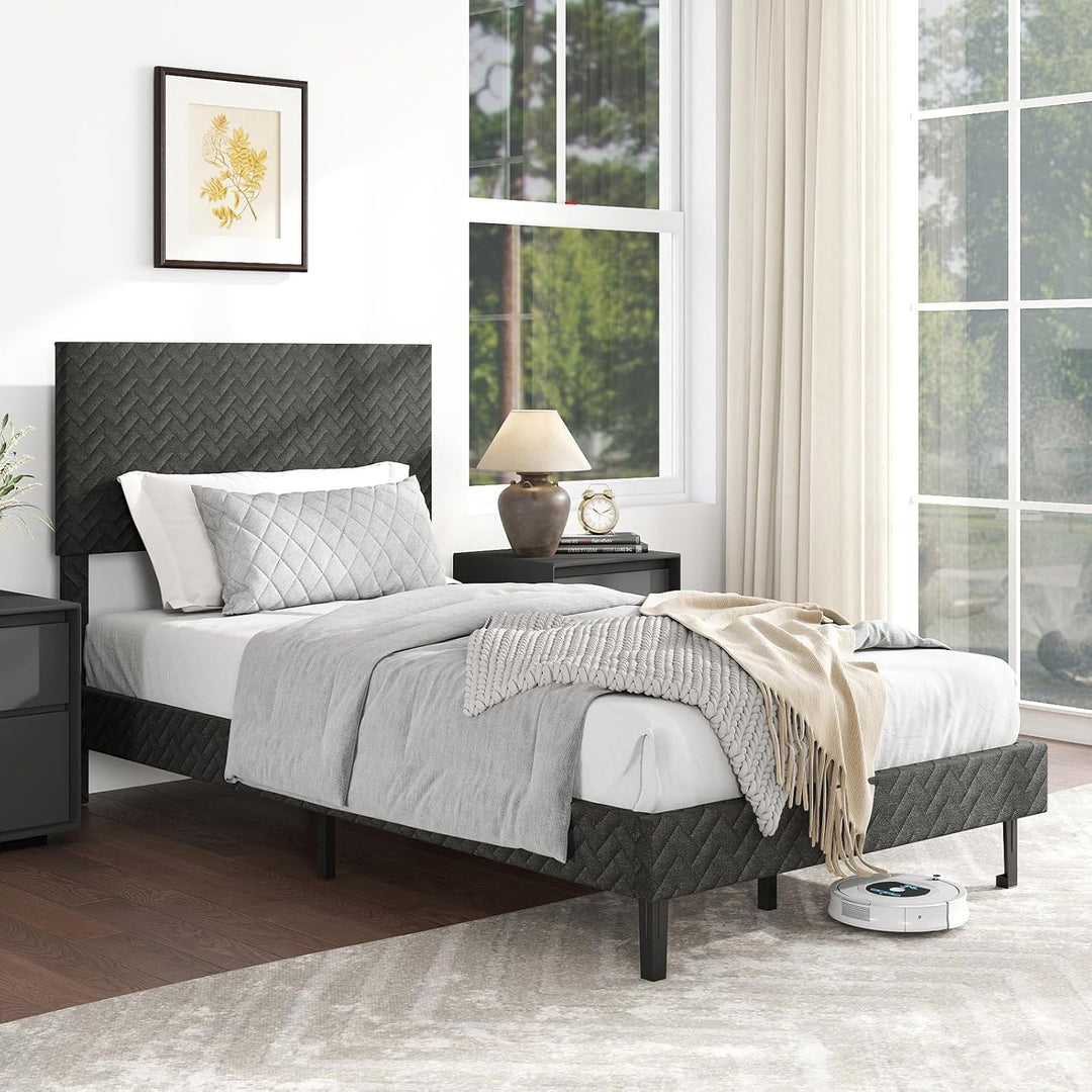 Giantex Bed Frame | Velvet Upholstered Platform Bed w/Height Adjustable Chevron Headboard