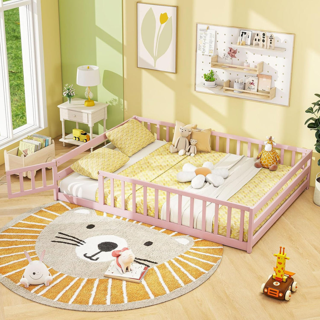 Giantex Floor Bed with Door &amp; Fence Kids Wood Montessori Beds with Safety Guardrails