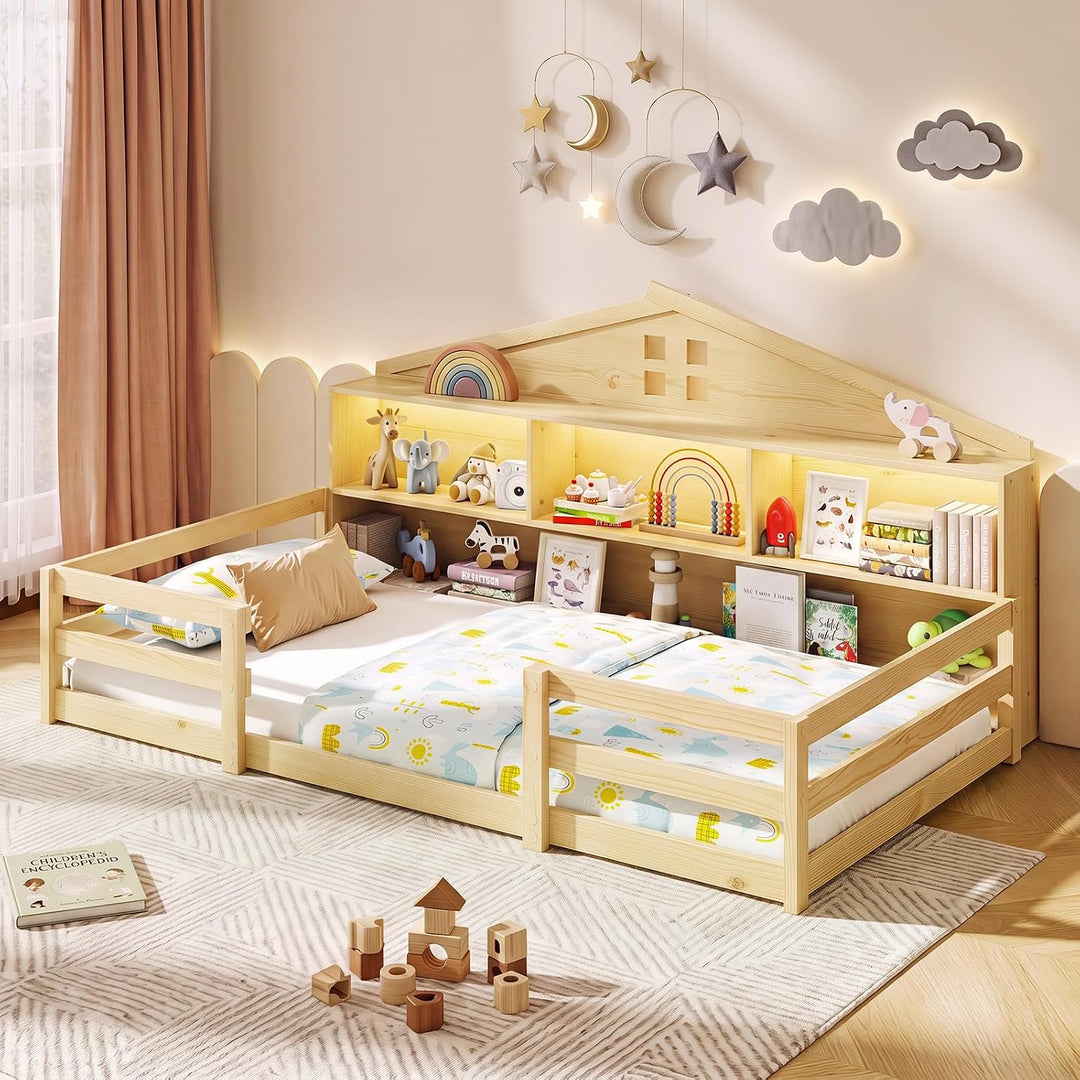 Giantex Montessori Floor Bed with LED Lights 2-in-1 Wooden House Bed Frame with Safety Guardrails