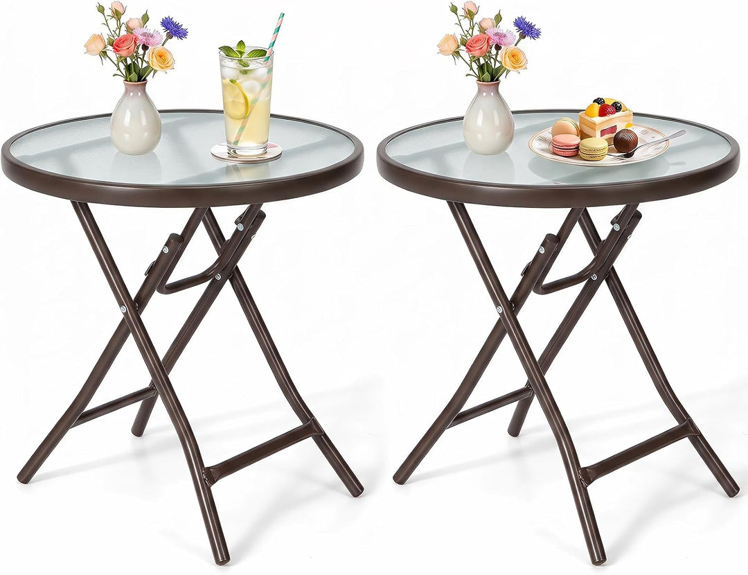 Giantex Round Folding Side Table w/Tempered Glass Tabletop &amp; Metal Frame (1/2)