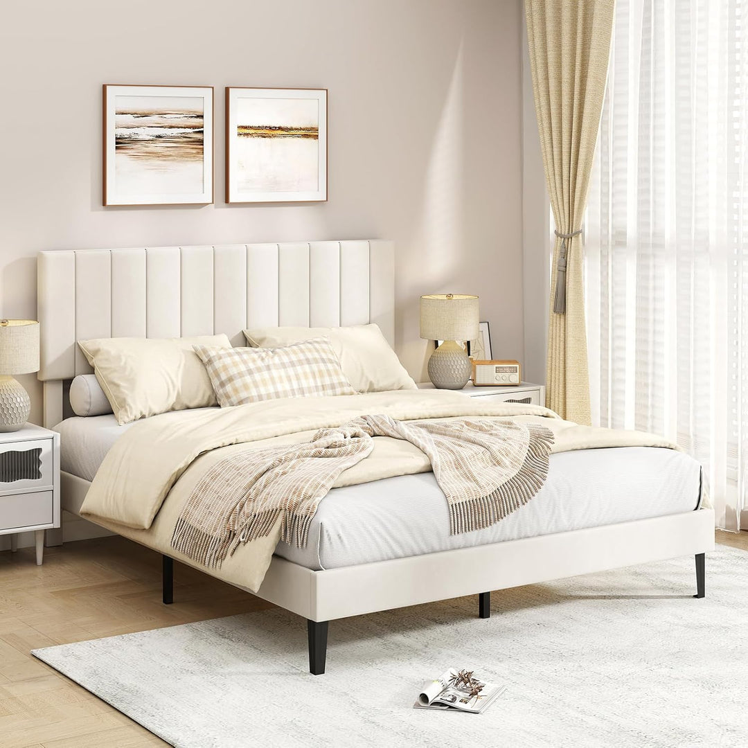Giantex Queen/Full/Twin Size Upholstered Bed Frame Platform Bed with Height Adjustable Vertical Channel Headboard