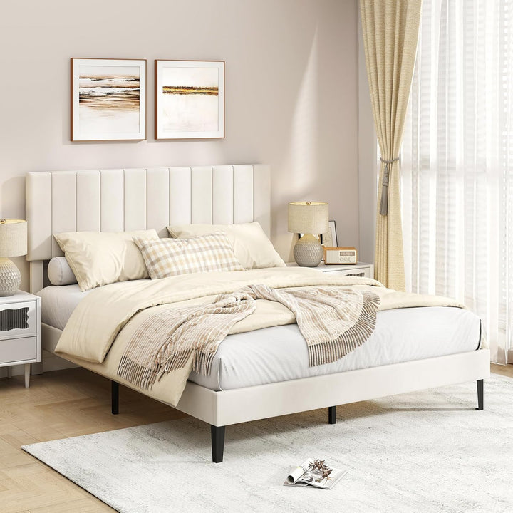 Giantex Queen/Full/Twin Size Upholstered Bed Frame Platform Bed with Height Adjustable Vertical Channel Headboard