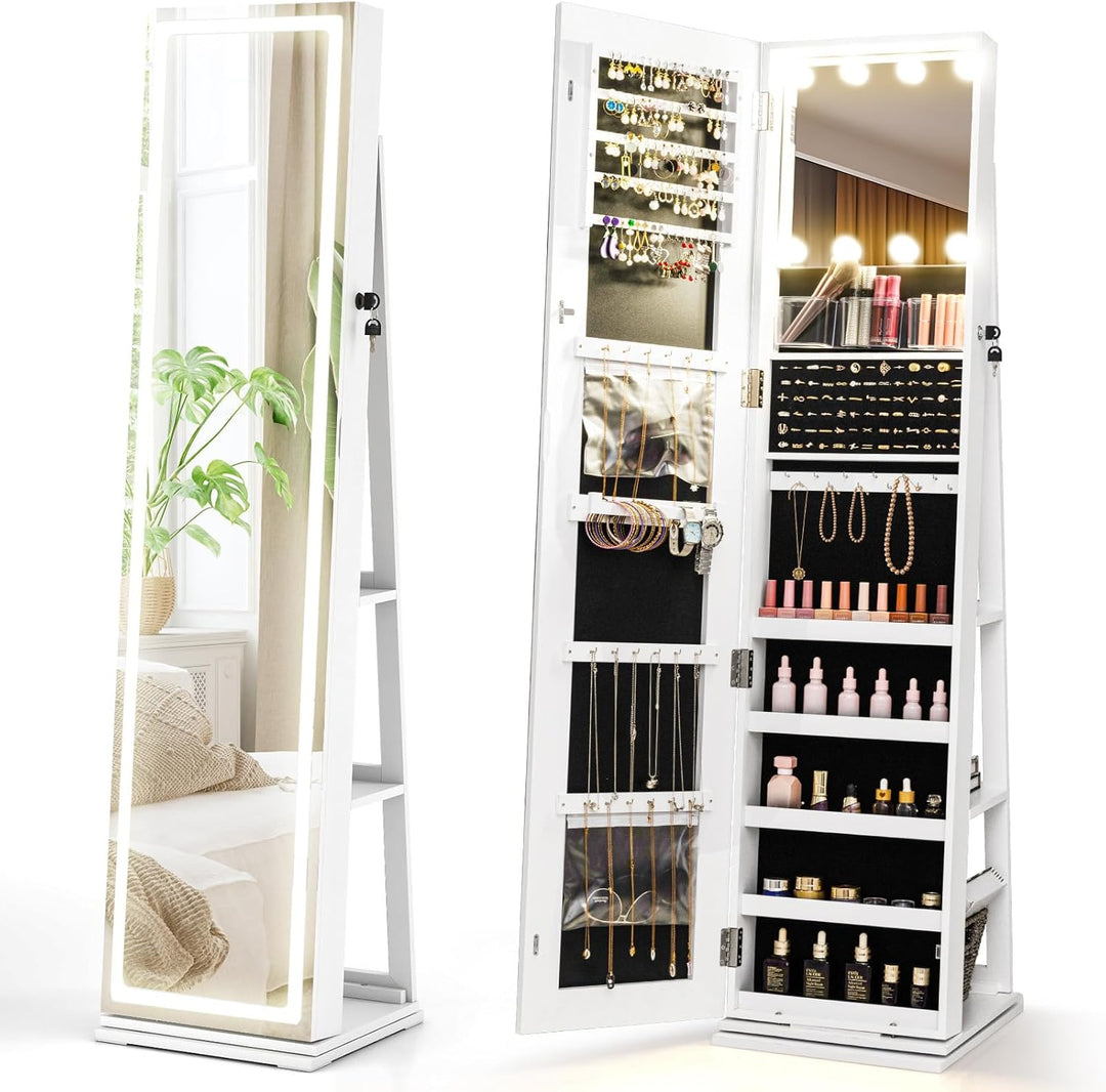 CHARMAID Swivel Jewelry Armoire with Full-Length Mirror &amp; Lighted Makeup Mirror