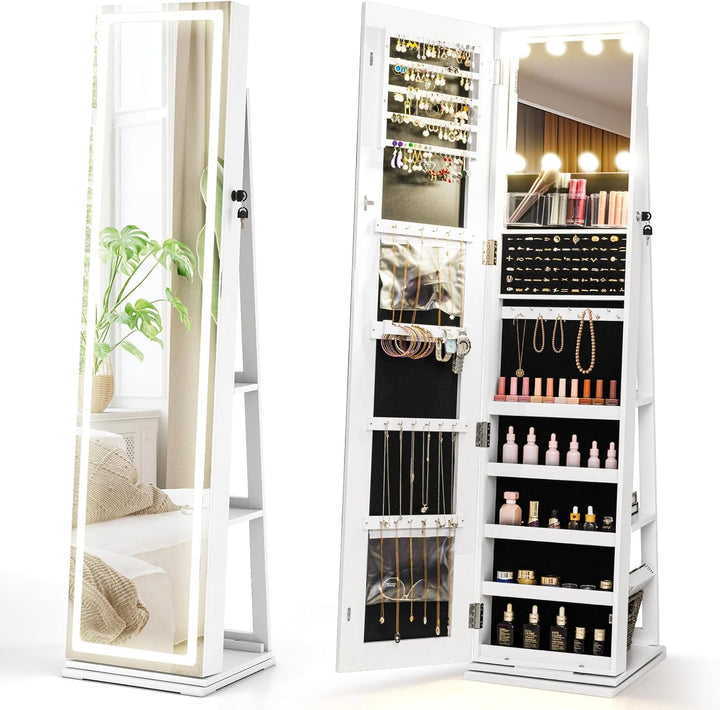 CHARMAID Swivel Jewelry Armoire with Full-Length Mirror &amp; Lighted Makeup Mirror