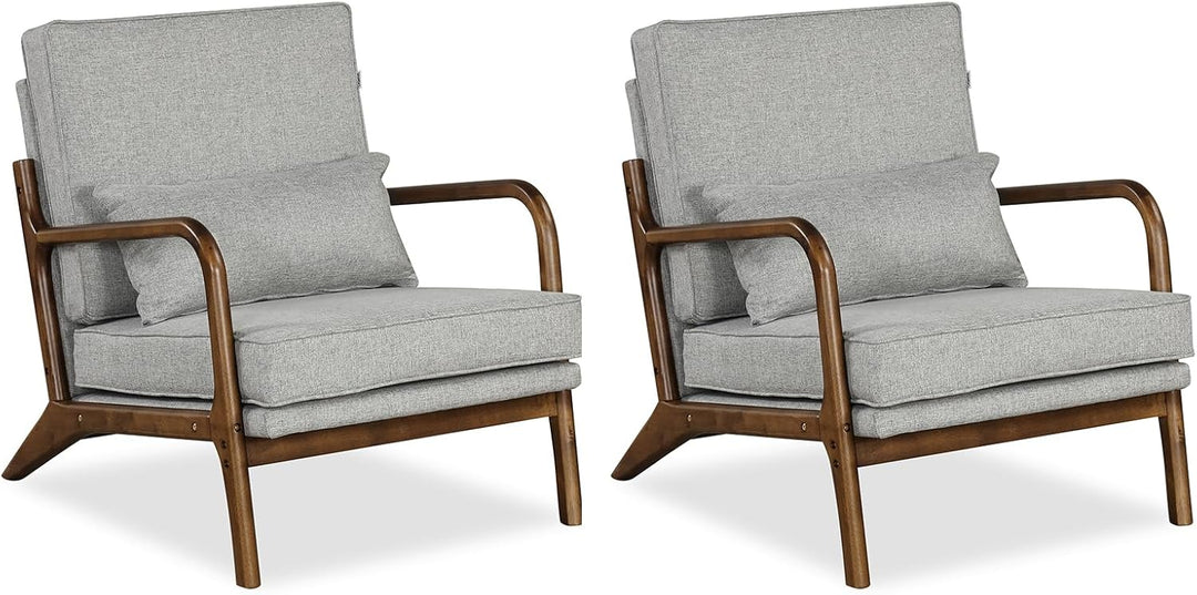 Giantex Mid Century Modern Accent Chair, Upholstered Armchair with Pillow, Rubber Wood Armrests &amp; Legs