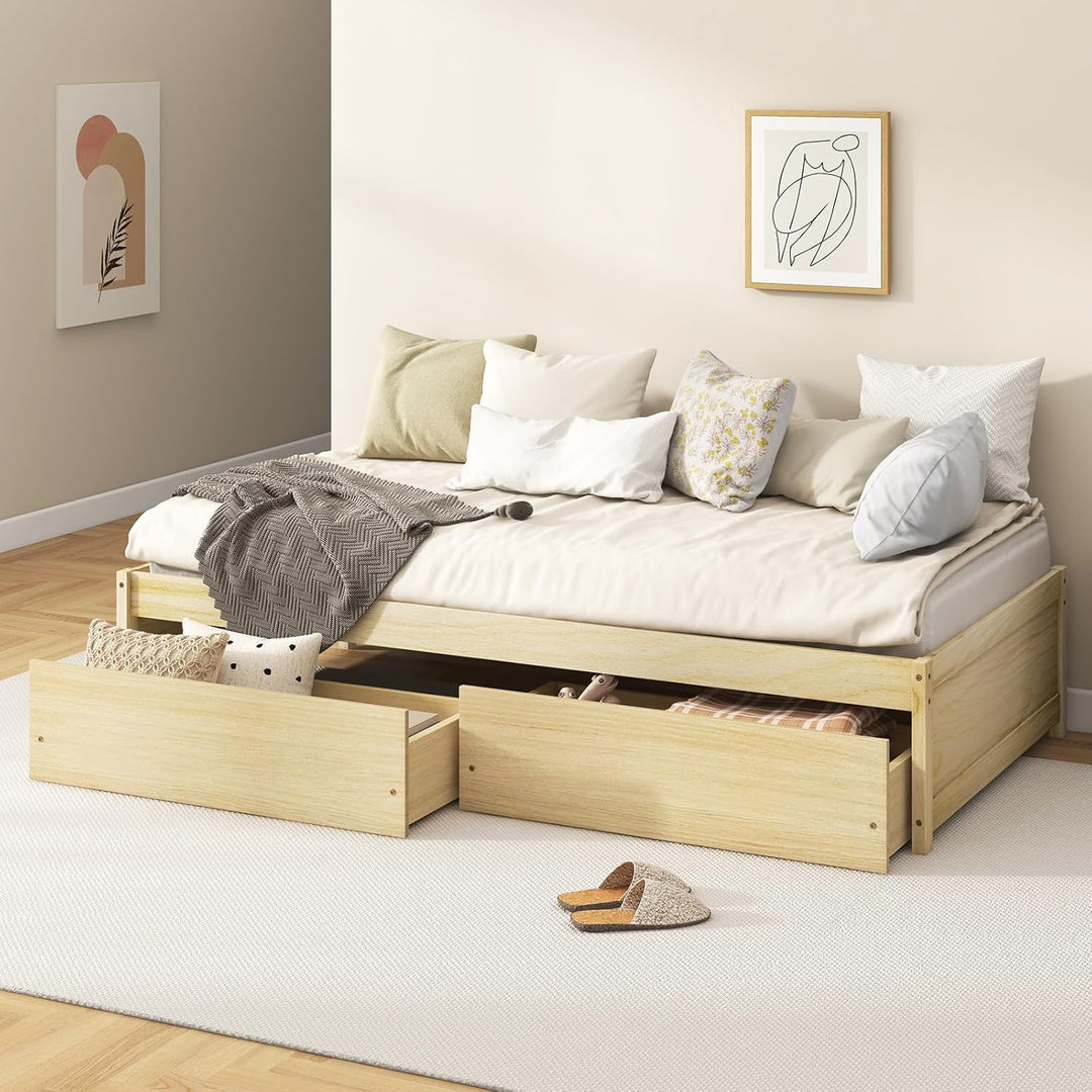 Giantex Queen/Full/Twin Size Bed Frame with 2 Storage Drawers, Solid Wood Platform Bed with Slats Support