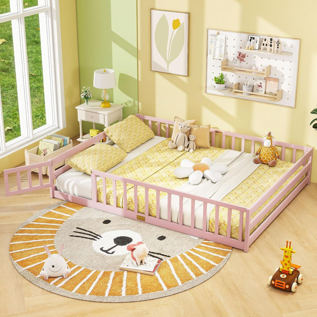 Giantex Floor Bed with Door &amp; Fence Kids Wood Montessori Beds with Safety Guardrails