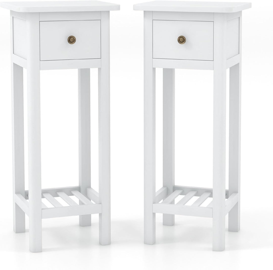 Giantex Narrow End Table with Drawer, Tall Acacia Wood Side Table with Bottom Shelf, Modern Bedside Tables