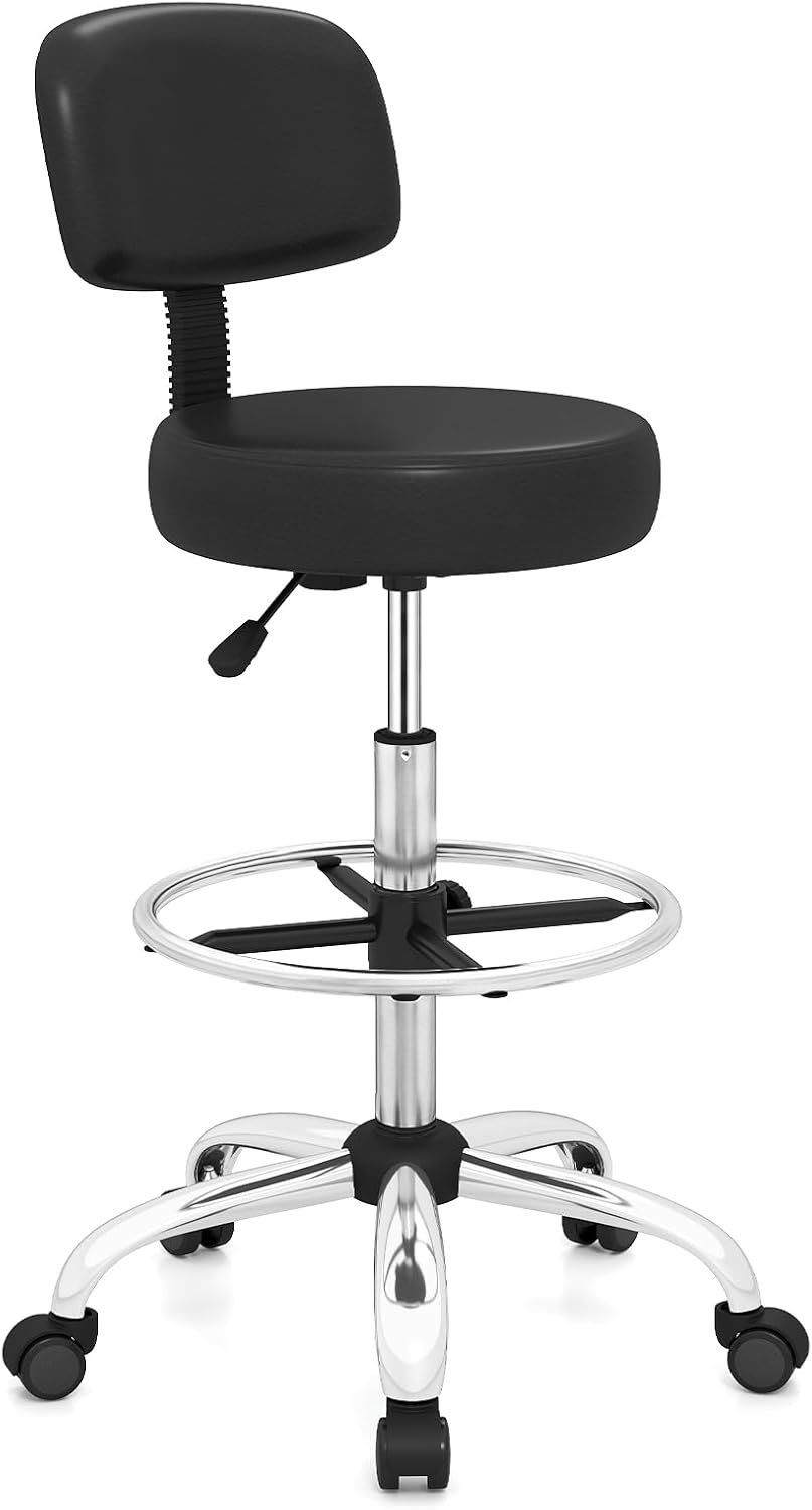 GIANTEX Drafting Chair with Back, Adjustable Foot Rolling Stool with Wheels | PVC Leather Tall Office Chair w/ Thickened Cushion