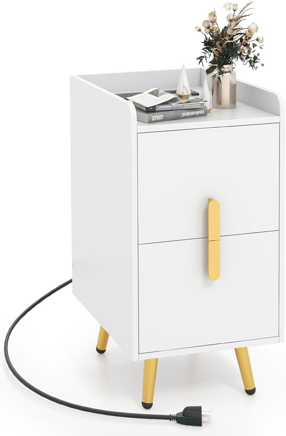 Giantex Nightstand with Charging Station, Narrow End Table with 2 Drawers &amp; Metal Gold Legs