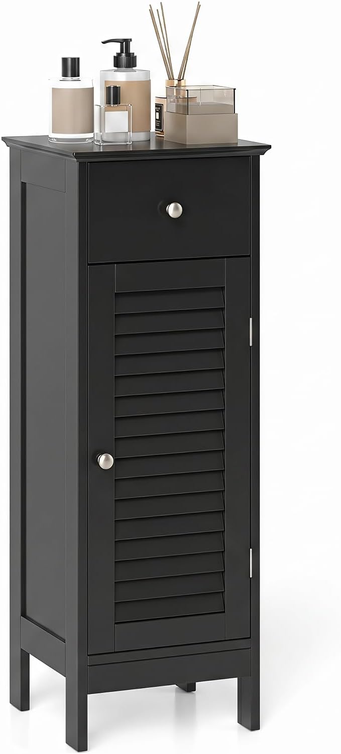GIANTEX Bathroom Floor Storage Cabinet with Door and Drawer, Black | Freestanding Side Cabinet with 3-Height Adjustable Shelf