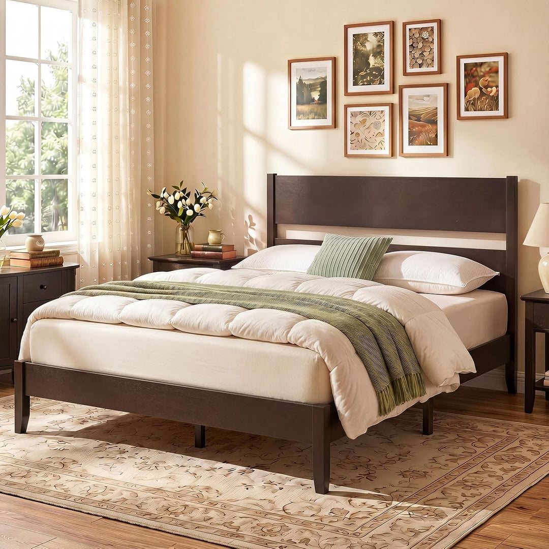 GIANTEX Queen/Full/Twin Size Wooden Bed Frame with Slatted Headboard