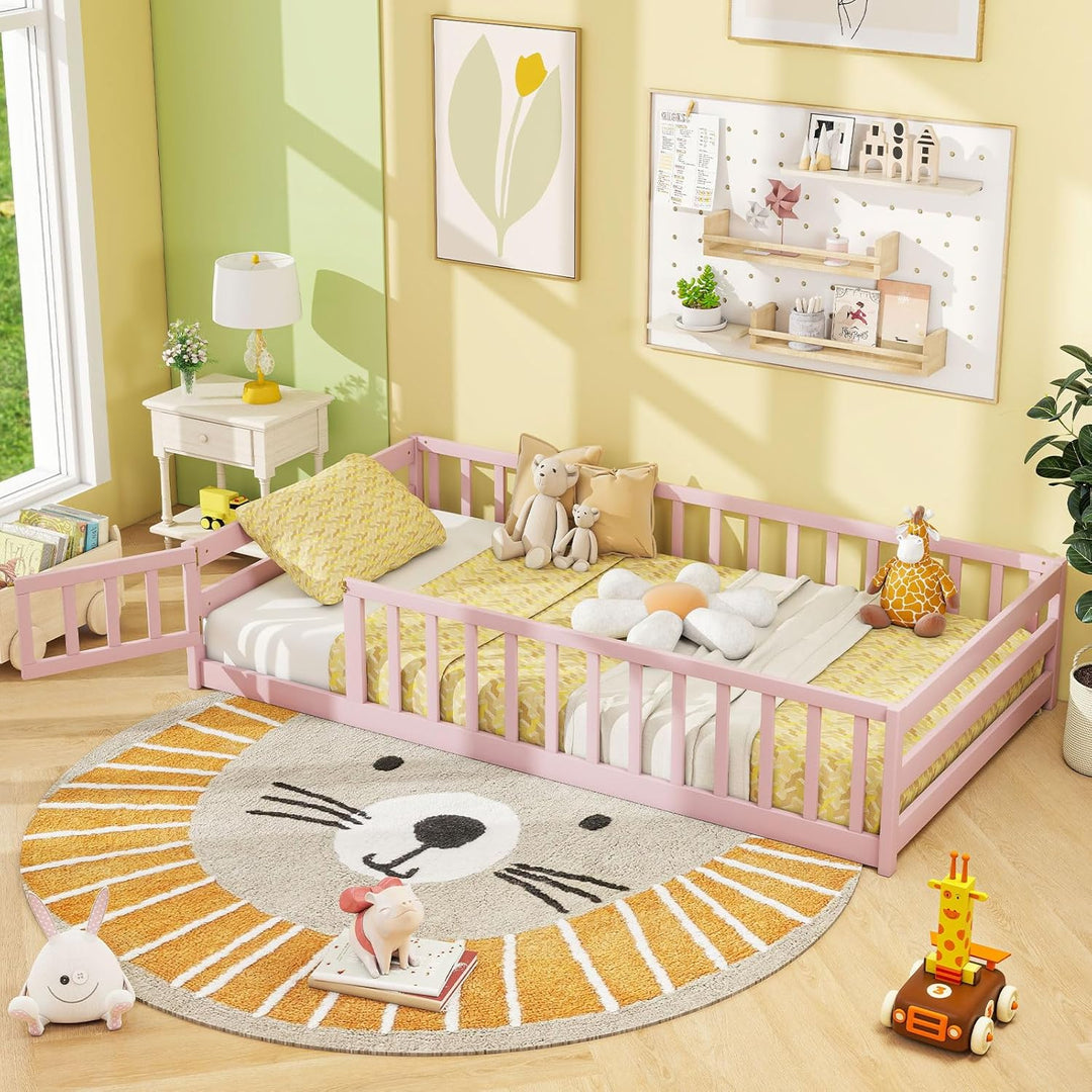 Giantex Floor Bed with Door &amp; Fence Kids Wood Montessori Beds with Safety Guardrails