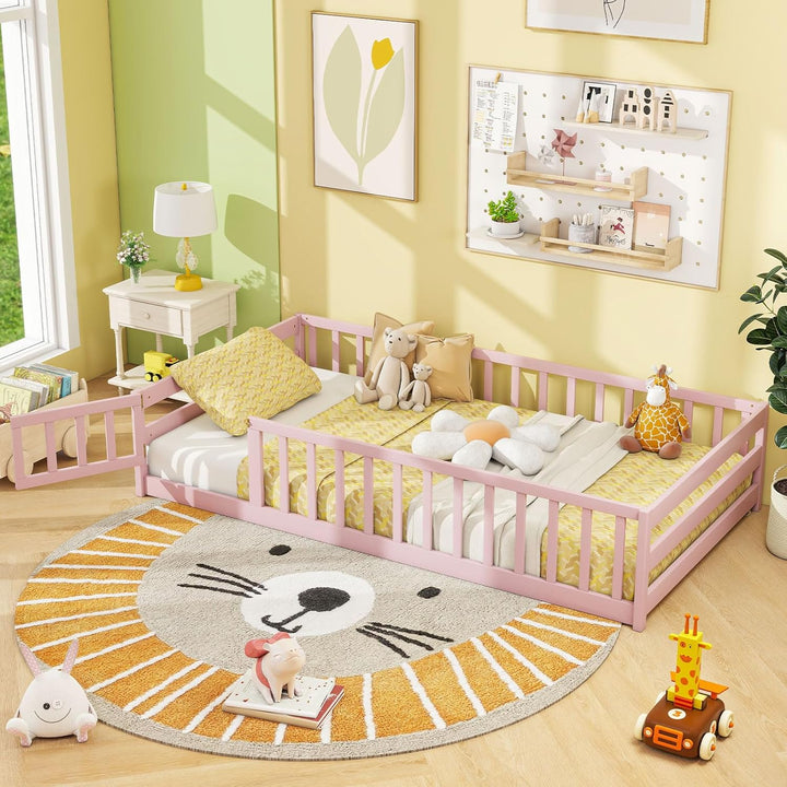 Giantex Floor Bed with Door &amp; Fence Kids Wood Montessori Beds with Safety Guardrails