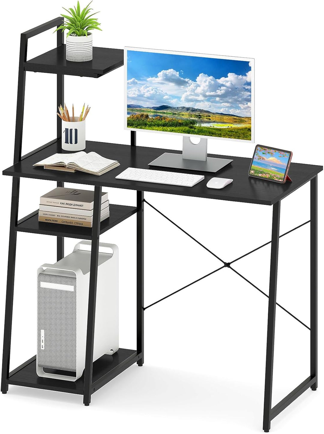 Giantex Computer Desk with Shelves, 47.5” Home Office Desk with Bookshelf, Host Stand