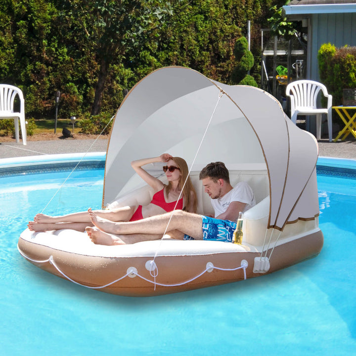 Giantex Canopy Island Inflatable Pool Float Comfortable Lounge Surface – Built-in Cup Holders – Detachable Sunshade – 440lb Max Weight Capacity