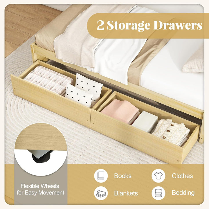 Giantex Queen/Full/Twin Size Bed Frame with 2 Storage Drawers, Solid Wood Platform Bed with Slats Support